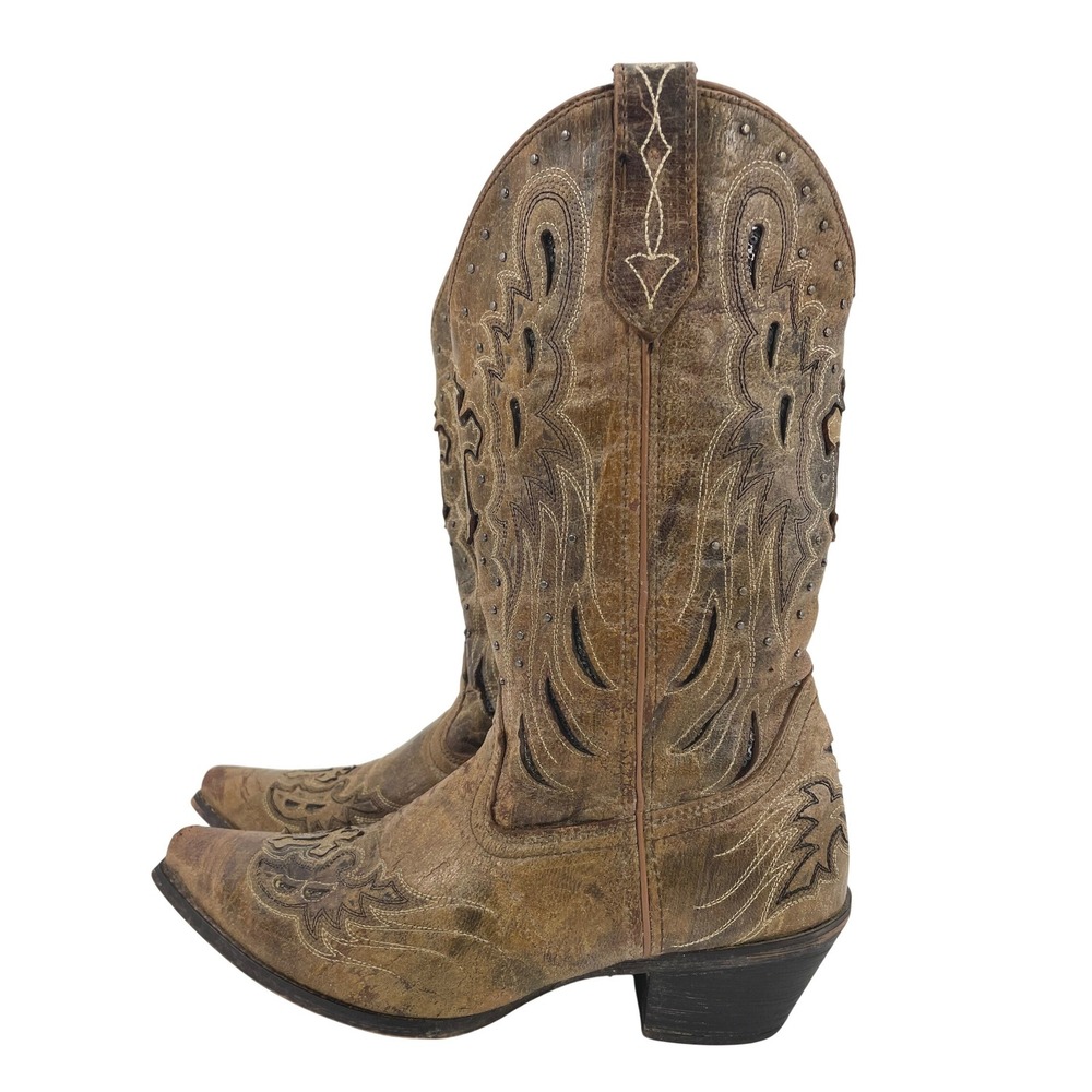 Laredo Women 9.5  Crosswing Taupe Leather Cross Inlay Western Boots Vintage Boho